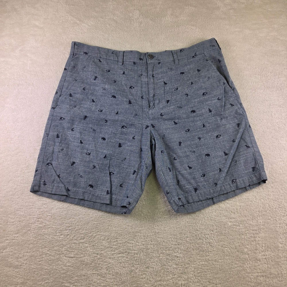 Eddie Bauer Mens 38 Blue Embroidered Bear Dog Pine Tree Chino Shorts Flat Front